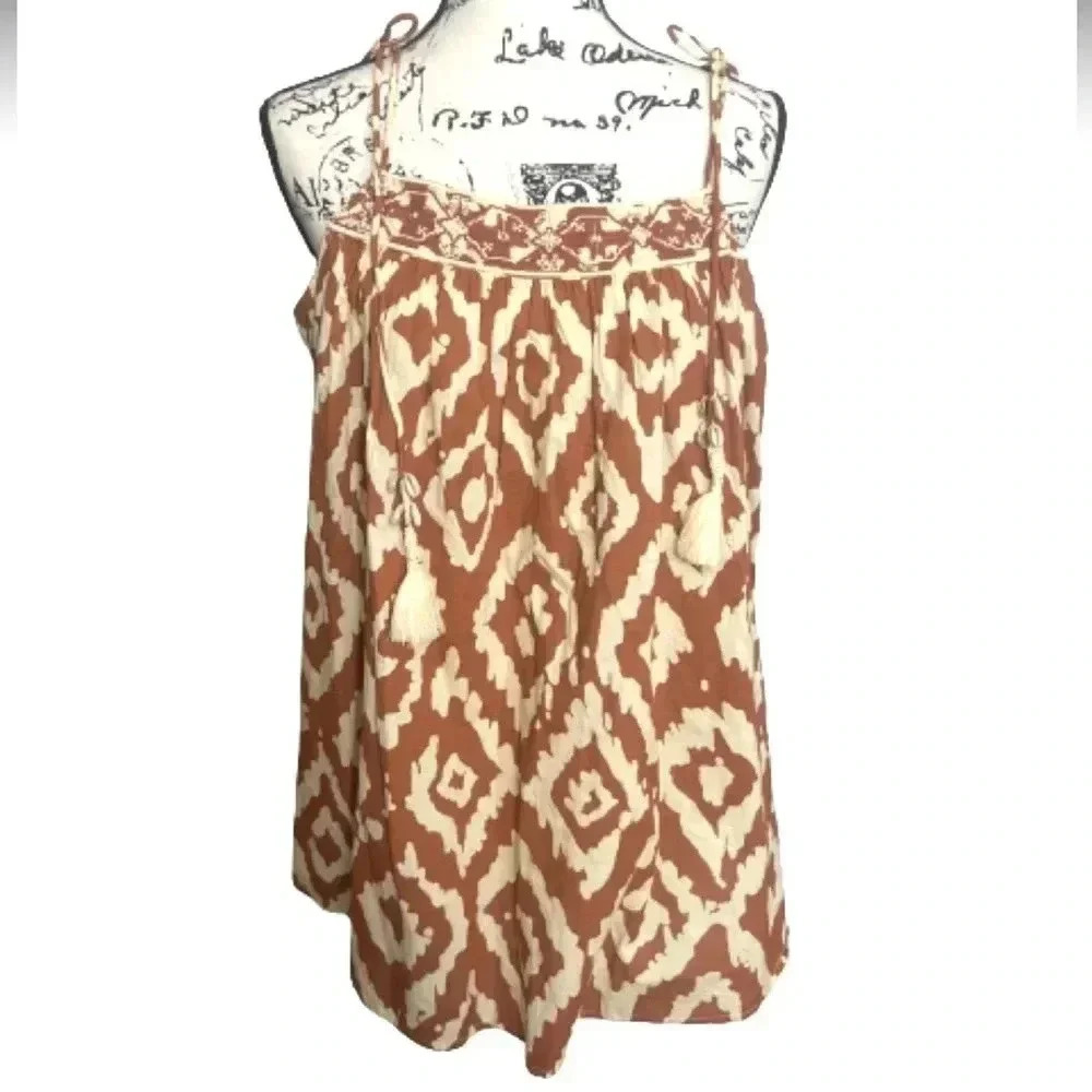 HAUTE HIPPIE COTTAGECORE BROWN & CREAM SLEEVELESS‎   BLOUSE